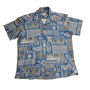 Vintage Custom Made In HI Blue Hawaiian Aloha Shirt Button Up Men's XL Tropical